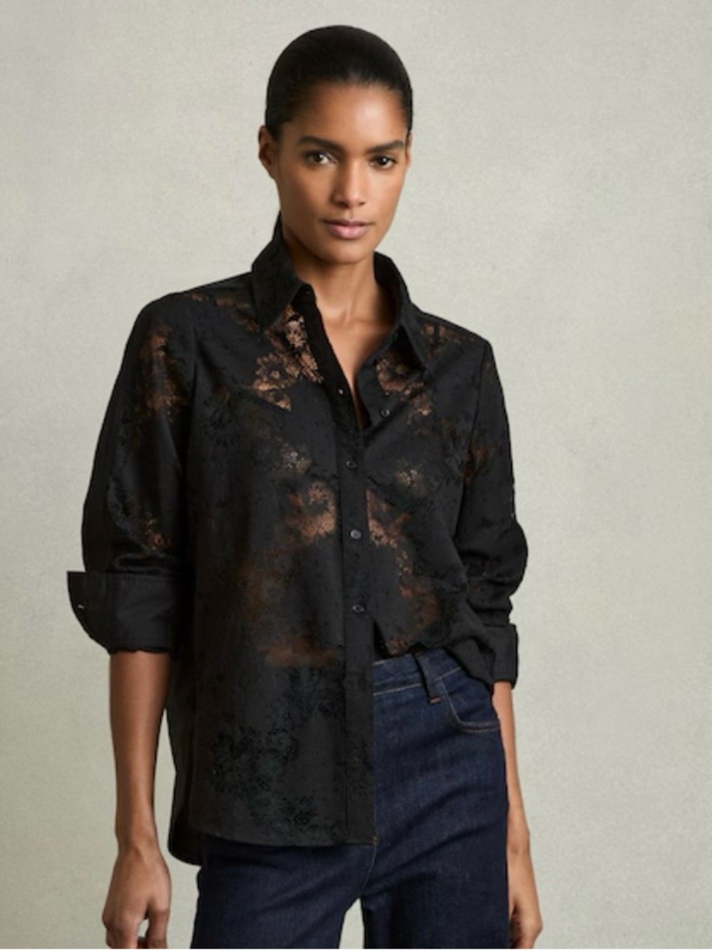 Reiss Lacy Lace Front Button-Down Shirt Blouse Size 8 NWT